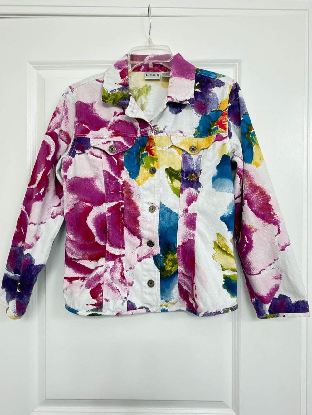 Chico's Watercolor Floral Jacket - Blue, Yellow, Pink, Green, Purple